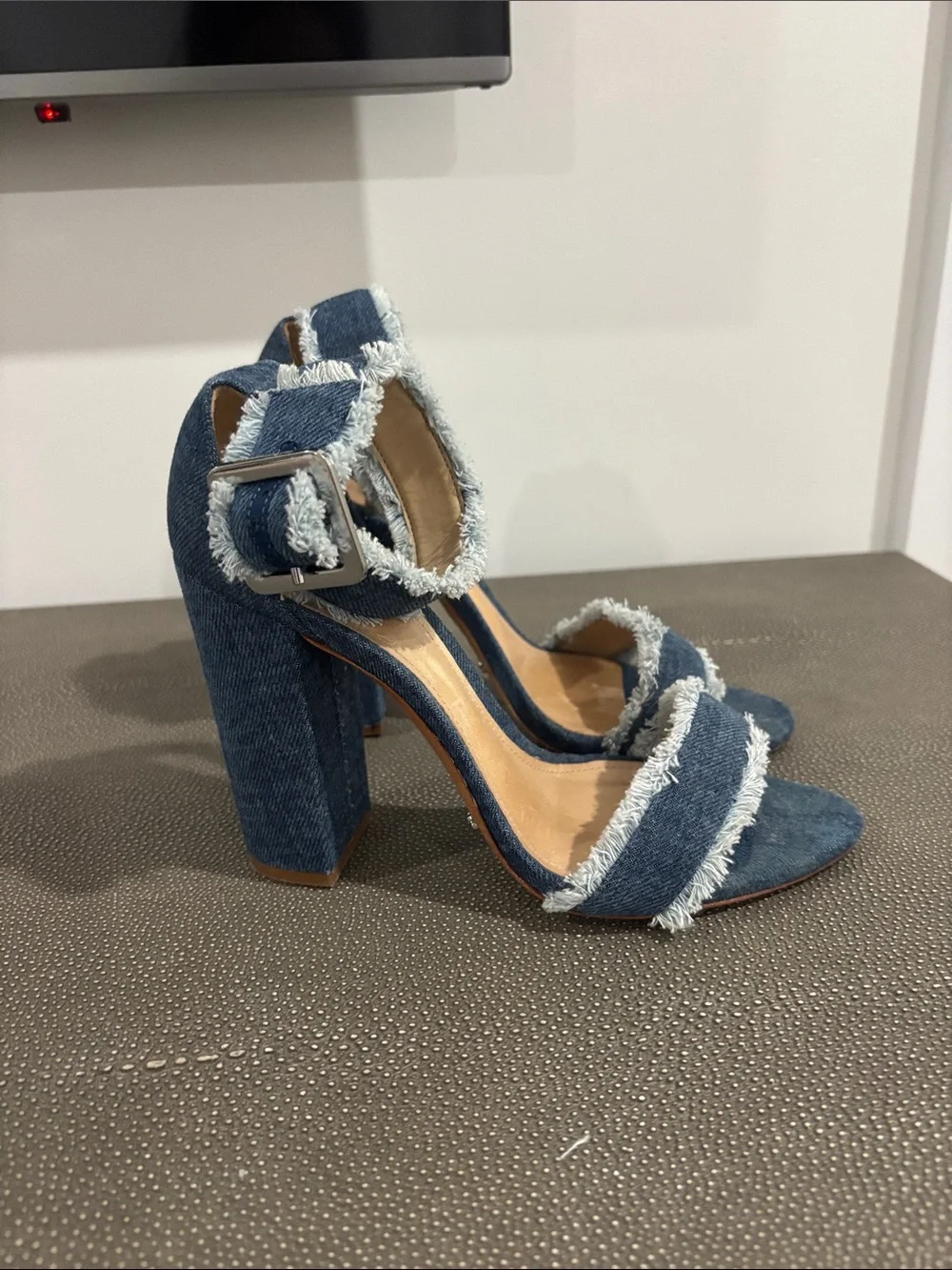 SCHUTZ Frayed Denim Ankle-Strap Block Heels - Blue